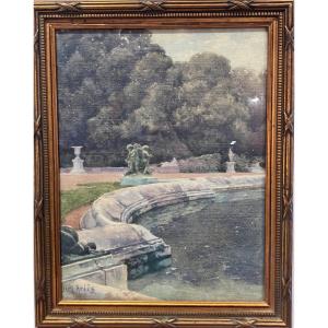 Emmanul Ariès Vue De Jardin Et Fontaine Aquarelle Signée