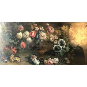 French School XIXth Vase And Bouquet Of Flowers Large Oil On Canvas