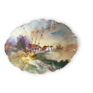 Important Painted Porcelain Dish Lake Scene Signed Gaitaud