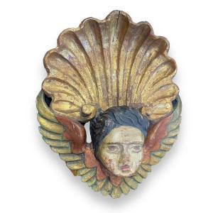 Coquille d'Applique Ange En Bois Doré Polychrome