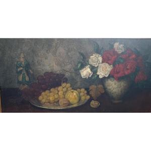 Nature Morte Au Fruits Et Sujet Chinois Par Louis Rodolphe Defontaine Défontaine