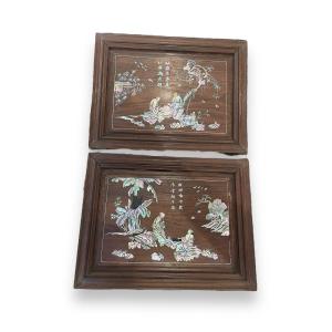 Pair Of Indochinese Mother Of Pearl And Rosewood Panels