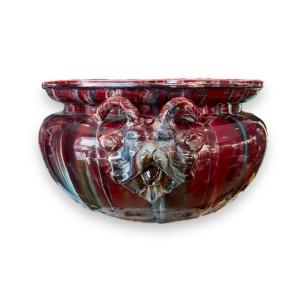 Important Satyr Heads Basin In Glazed Ceramic In The Taste Of Massier