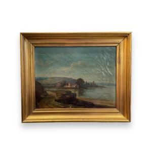 Huile Sur Toile XIXeme Paysage Lacustre