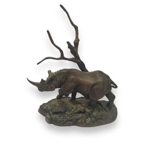 Rhinocéros En Bronze Par Don Polland Pour The Franklin Mint 