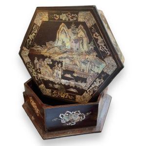 Hexagonal Work Box In Wood And Mother-of-pearl Indochina 19th