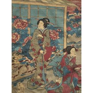Japanese Print Late 19th Century Early 20th Century On Crepe Paper