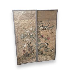 Important Pair Of Asian Panels Late 19th Century Early 20th Century