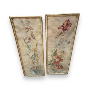 Pair Of Large Watercolors Flowers By J. Toulon