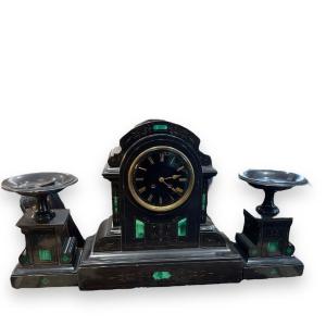 Clock Trimmed In Belgian Black Marble And Malachite Napoleon III Period