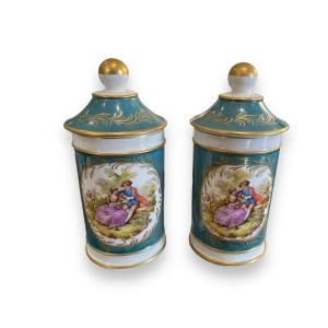 Pair Of Covered Pots Decorated With Gallant Scenes Old Paris