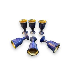 Set Of Six Lapis Lazuli Brass Stemware