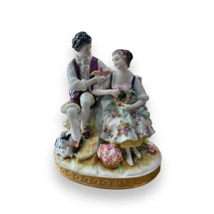 Gallant Group Scene In Polychrome Porcelain