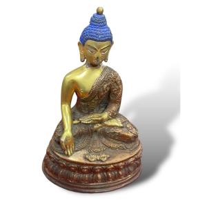 Tibet Bouddha Shakyamuni En Cuivre Doré Zhva Bleue