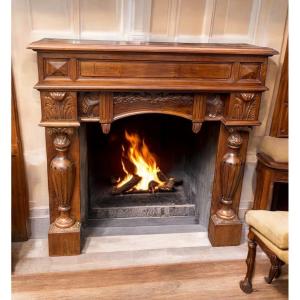 19th Century Carved Walnut Wood Fireplace