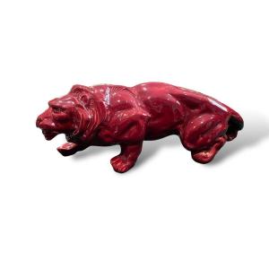 Lion Art Deco En Céramique émaillée Rouge Dans Le Goût De Levy Pour Primavera