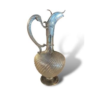 19th Century Ewer In Silver And Chiseled Crystal