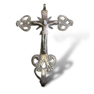 Important Silver Plated Bronze Cross From South America, 19th Century