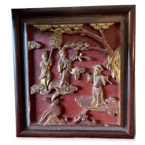 China Bas Relief 19th Century In Polychrome And Gilded Wood