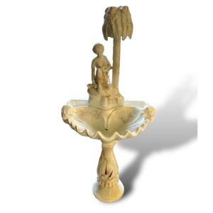 Important White Enameled Ceramic Fountain Naiad And Palm Tree