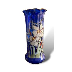 Montjoye Legras Enameled Glass Vase Blue Background Circa 1900