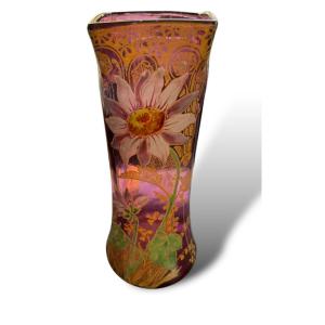 Montjoye Legras Enameled Glass Vase Purple Background Circa 1900