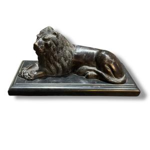 Lion Sculpture En Bronze Socle En Marbre Noir