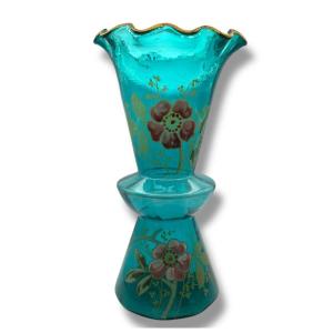 Enameled Glass Vase Attributed To Montjoye Legras Turquoise Blue Background