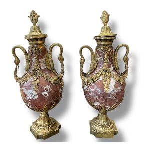 Large Pair Of Red Marble Swan Neck Model Casseroles