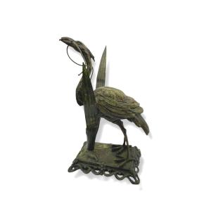 Heron And Plants Polychrome Bronze Circa 1900