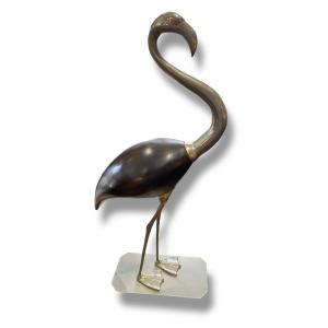 Fondica Flamant Rose En Bois Sculpté Et Laiton