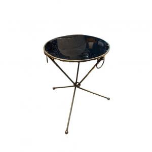 Jacques ADNET- table ronde moderniste tripode en bronze et verre années 1950