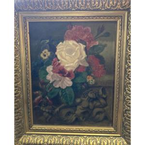 Oil On Panel XIXth Still Life With Bas Relief And Flower Bouquet By Noblet