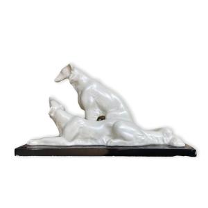 Afghan Hounds In White Ceramic On Black Earthenware Terrace Circa 1940-1950