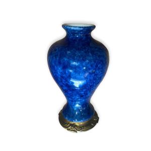 Small Baluster Vase In Blue Porcelain And Bronze Base
