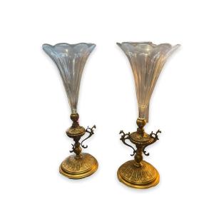 Paire De Vase Cornet En Bronze Et Cristal