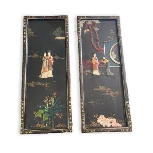 Pair Of Panels In Lacquer And Stones