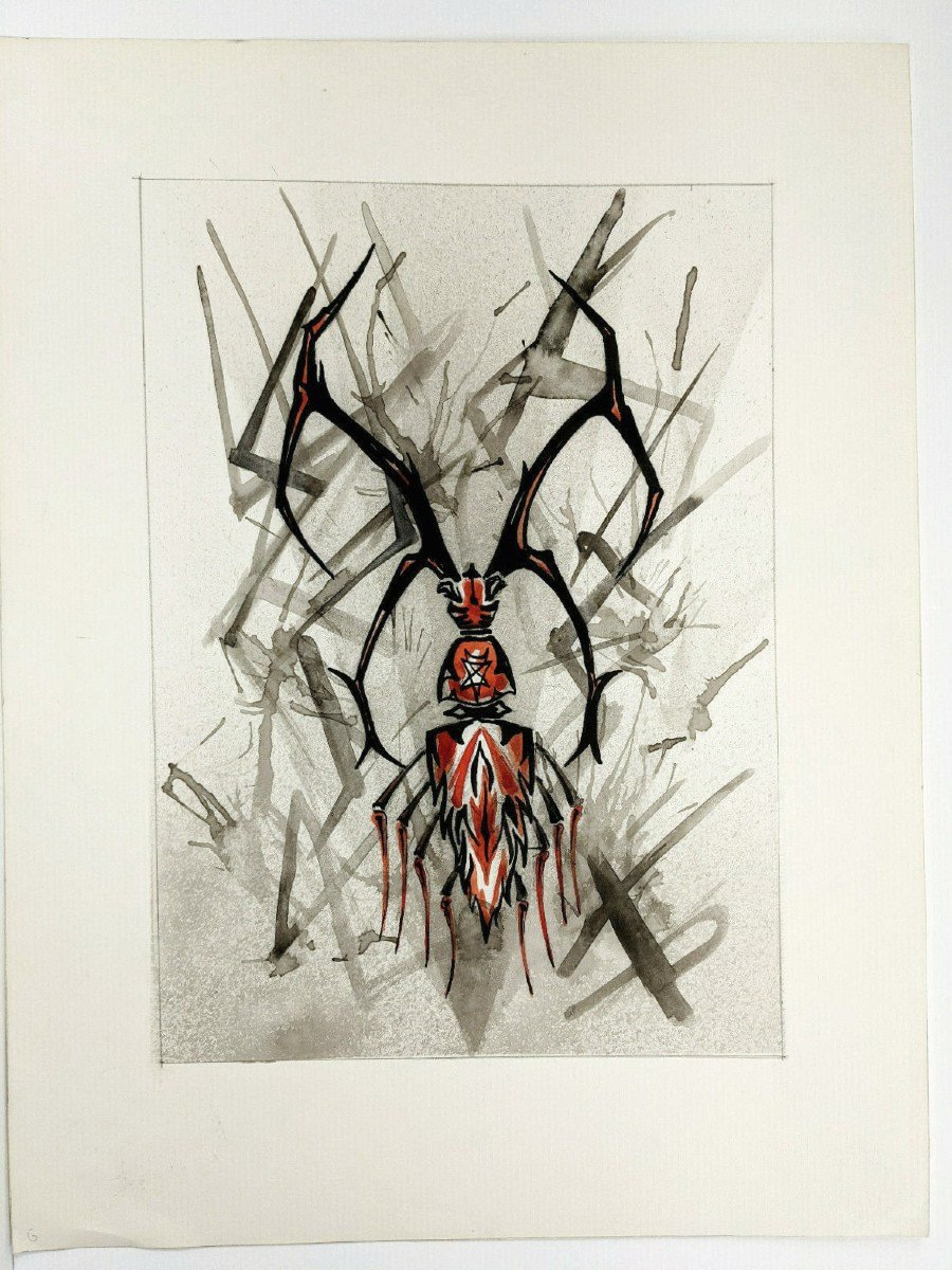 Grand insecte rouge - gouache 63 x 48cm - par René Roucoux vers 1960-70-photo-2