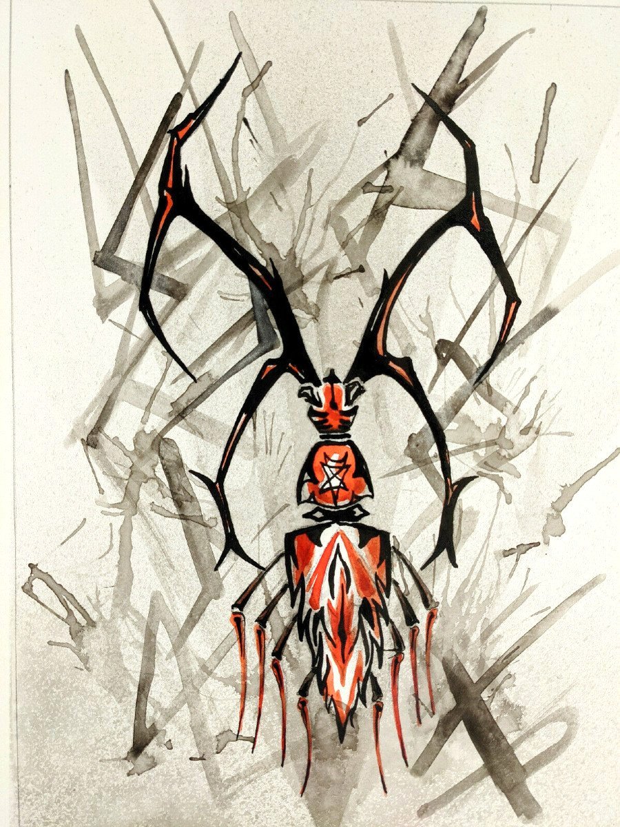 Grand insecte rouge - gouache 63 x 48cm - par René Roucoux vers 1960-70-photo-3