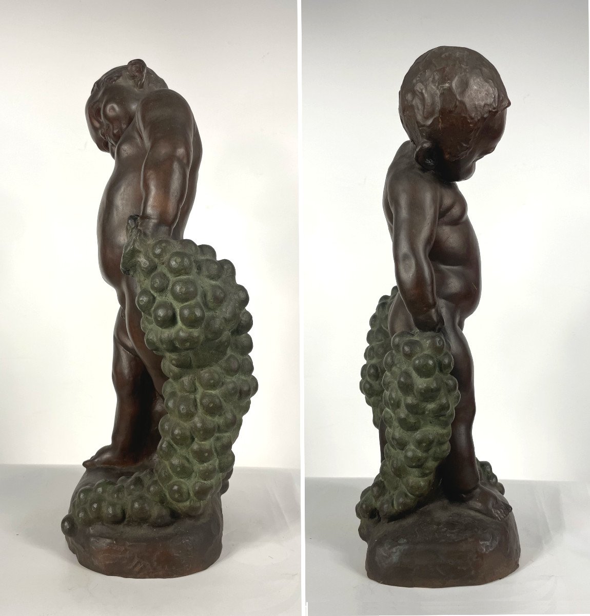 Child Or Small Bacchus With Grapes - Bronze 1930-50 By Uichi Ogura 1881-1962-photo-1