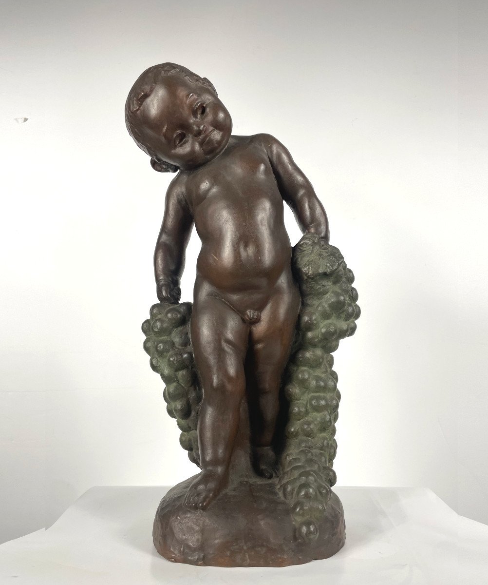 Child Or Small Bacchus With Grapes - Bronze 1930-50 By Uichi Ogura 1881-1962