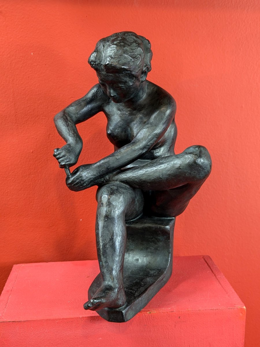 Young Woman Cutting Her Nails - Bronze 1950-70 By Soko Nakano 1898-1985-photo-2