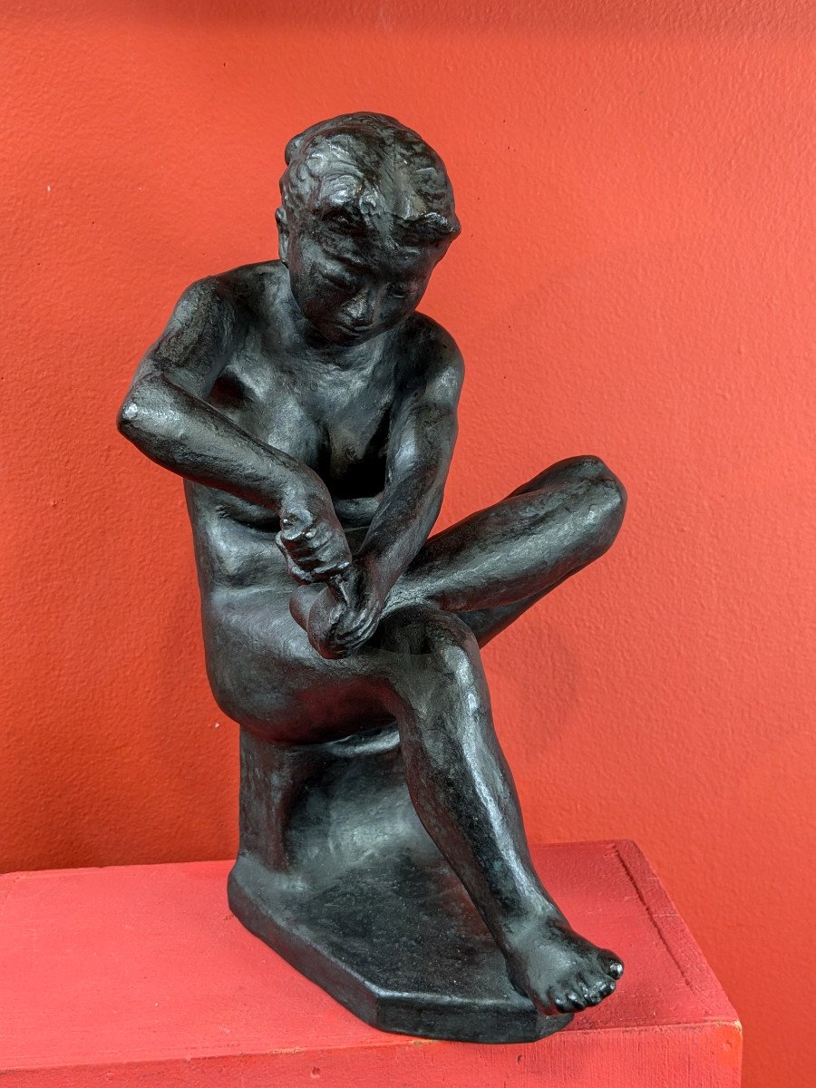 Young Woman Cutting Her Nails - Bronze 1950-70 By Soko Nakano 1898-1985-photo-3