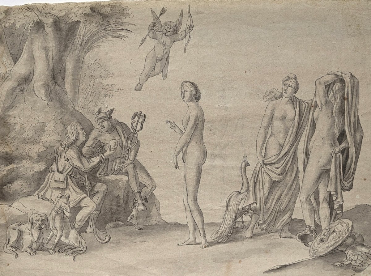 Le jugement de Pâris - dessin à la plume vers 1800-photo-2