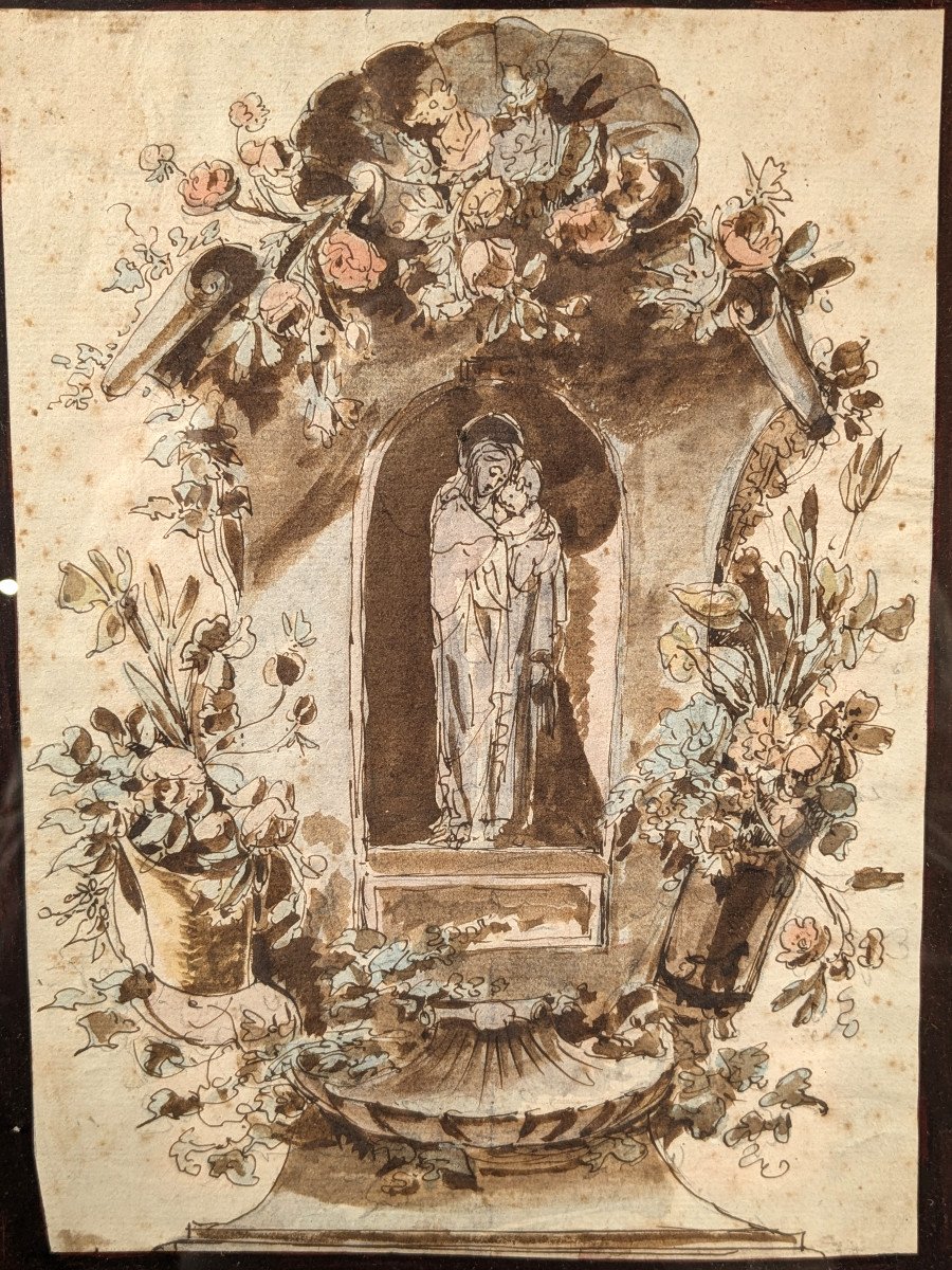 vierge à l'enfant - dessin Italie (?)  XVIIIe siècle. cadre XIXe-photo-3