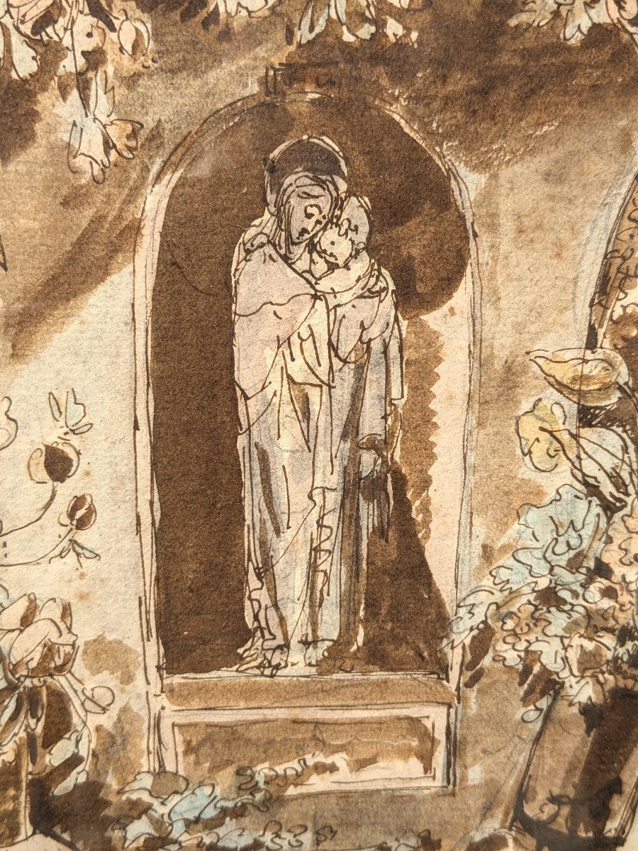 vierge à l'enfant - dessin Italie (?)  XVIIIe siècle. cadre XIXe-photo-4