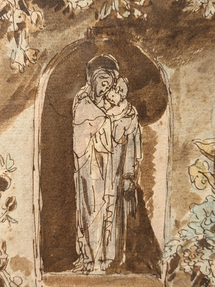 vierge à l'enfant - dessin Italie (?)  XVIIIe siècle. cadre XIXe-photo-3