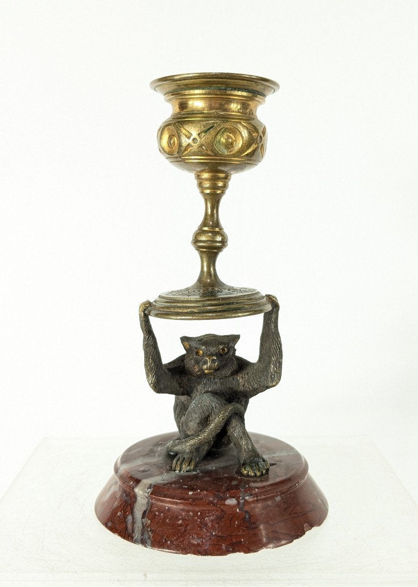 Singe Bougeoir - Bronze Argenté Vers 1850-70