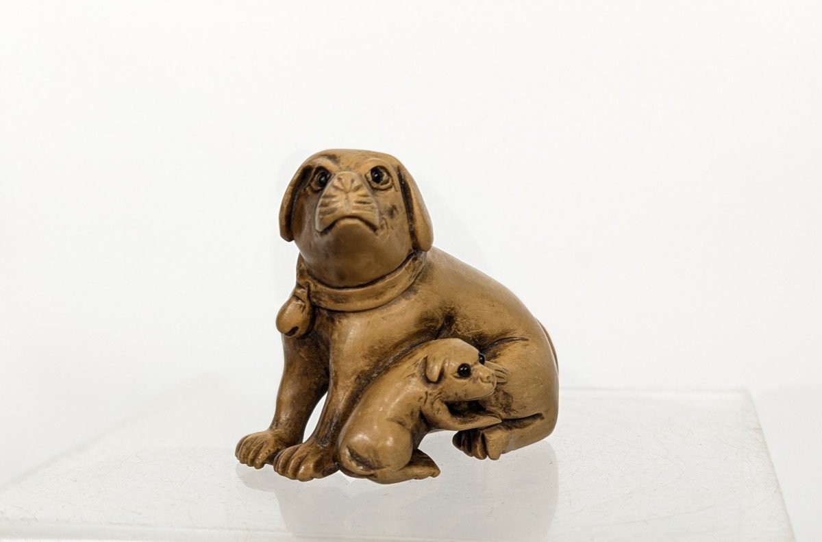 Female Dog And Puppy - Netske Japan Mid 20th Century