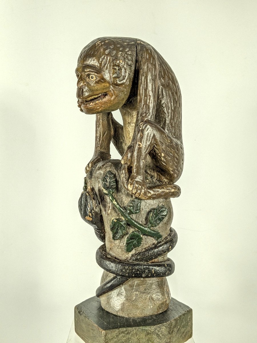 Grimacing Monkey - Folk Art Late 19th Century Carved Wood-photo-4